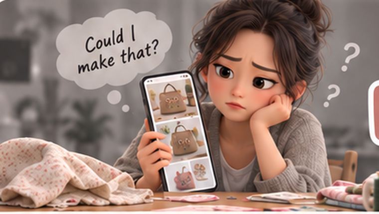 Illustration: a woman looking at other people’s makes on her phone, thinking she could never do that