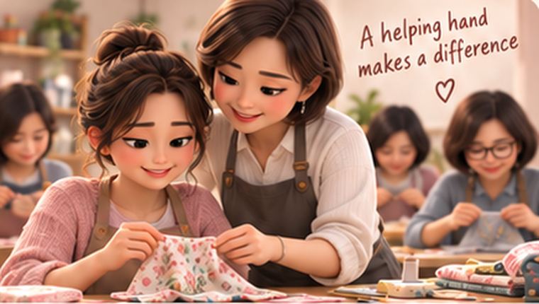 Illustration: an instructor leaning in to guide a student at the machine, others working alongside