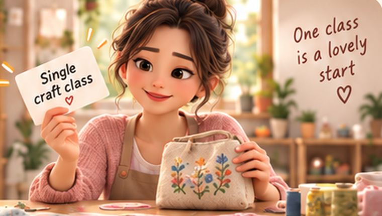 Illustration: a woman holding a single-class card next to a finished embroidered pouch